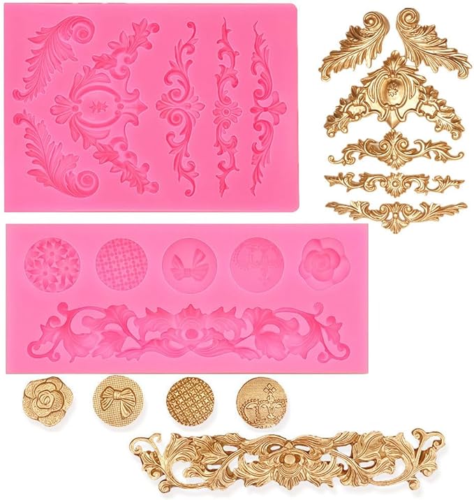 JOERSH Baroque Scroll Fondant Silicone Molds, 3Pcs
