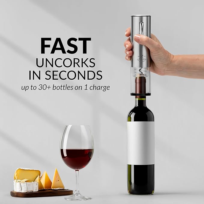 Zulay Kitchen Electric Wine Opener with Charging Base - Electric Wine Bottle Opener, Stainless Steel Wine Opener - Aerator Pourer, Foil Cutter & 2 Vacuum Stoppers - Silver