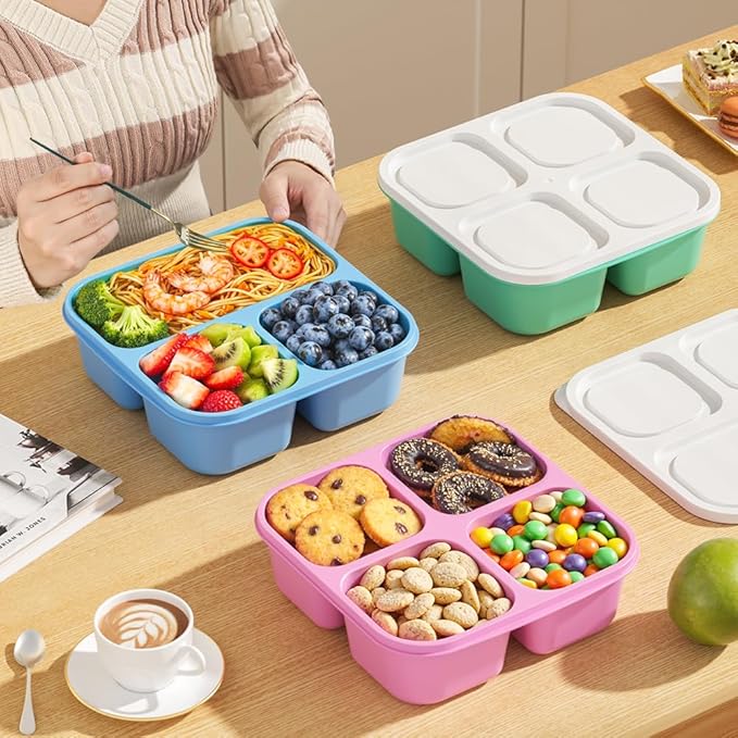Canfanni 6 Pcs Snack Box Container Set, Reusable 3&4 Compartment Meal Prep Snack Containers for Adults Kids Toddler, BPA-Free Divided Lunchable Container for School, Work and Travel (5 Color)