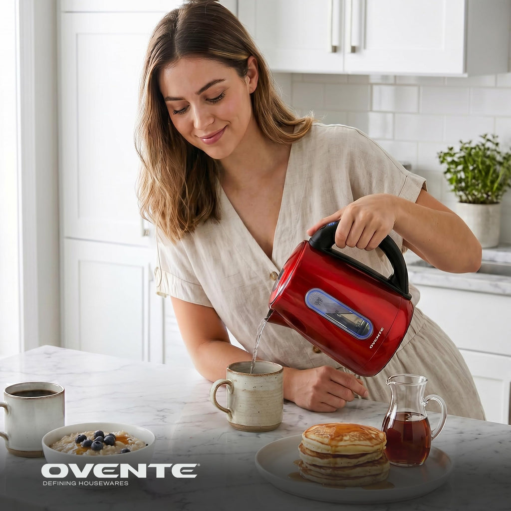 OVENTE Stainless Steel Electric Kettle with 5 Preset Settings, Red KS58R