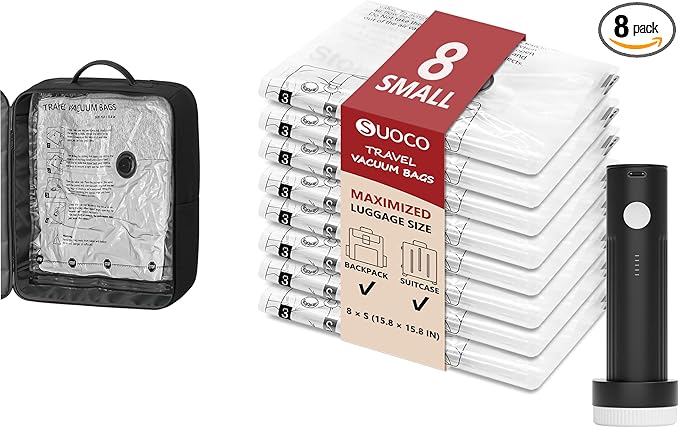 Travel Vacuum Bags for Clothing with Rechargeable Electric Pump, Compression Packing Cubes Organizer Storage for Luggage Suitcase, Space Saver Seal Bags for Vacation Cruise, 8 Small