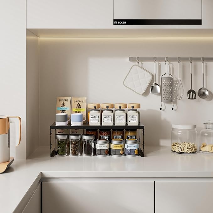 Asiingkel Stackable Expandable Metal Shelf Organizer - Adjustable Wire Storage Rack with Holes for Kitchen, Bathroom, Cabinet, Office - Space Saving, Durable & Sturdy Design（1PACK/Medium/Black