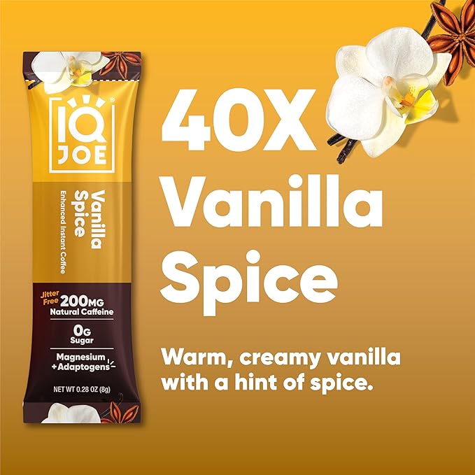IQJOE Mushroom Coffee, Vanilla Spice, 40 Stick Packs | Keto, Zero Sugar