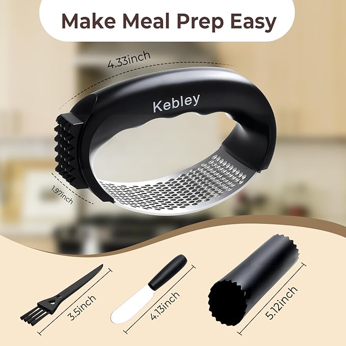 Kebley Garlic Press Rocker Stainless Steel Garlic Crusher, Mincer and Chopper with Peeler and Scraper,brush, Easy Kitchen Gadget for Effortless Smashing