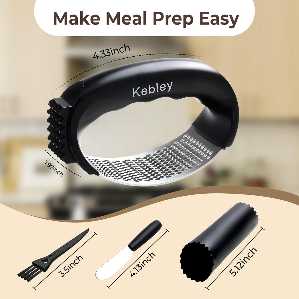 Kebley Garlic Press Rocker Stainless Steel Garlic Crusher, Mincer and Chopper with Peeler and Scraper,brush, Easy Kitchen Gadget for Effortless Smashing