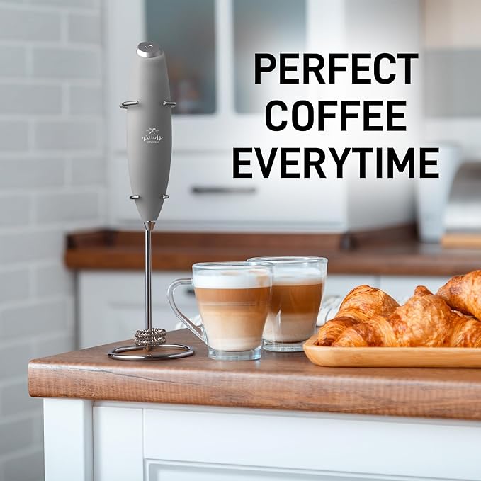 Zulay Kitchen Powerful Milk Frother Wand With Duracell Batteries - Ultra Fast Handheld Drink Mixer - Electric Whisk Foam Maker for Coffee, Lattes, Cappuccino & Matcha - Double Whisk - Gray