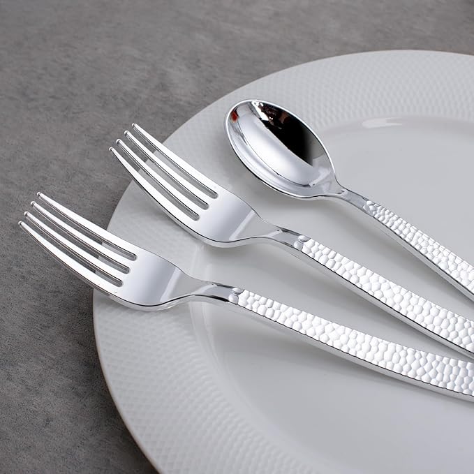 KIRE 400PCS Silver Plastic Forks and Spoons Disposable-Heavy Duty Plastic Silverware Set Silver Spoons and Forks-200 Forks and Spoon for Parties/Birthday/Wedding/Father's Day