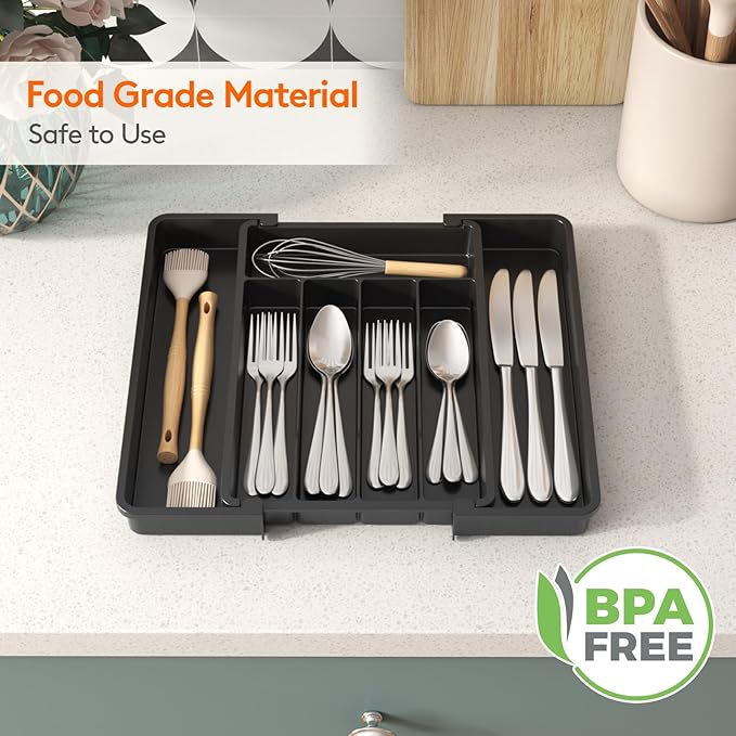 Lifewit Expandable Silverware Organizer, Plastic Utensil Tray for Kitchen Drawer, BPA Free Flatware Cutlery Holder, Space-Saving Storage for Spoons Forks Knives, 8-13.8 x 11.2 x 1.4 inch, Black