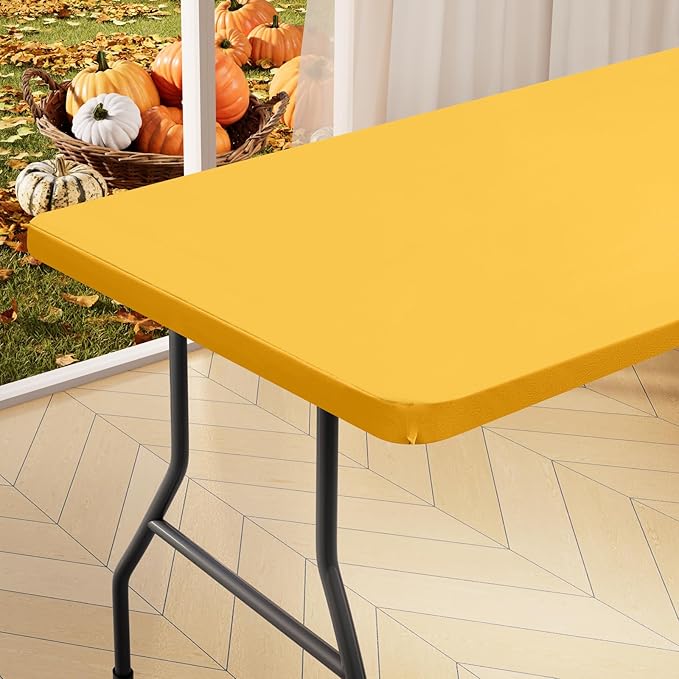 homing Rectangle Table Cloth Cover, Water-Resistant Polyester Elastic Fitted Tablecloth, Fits for 4 Foot Folding Tables, Washable Table Protector for Picnic, Camping (Mustard Yellow, 30" x 48")