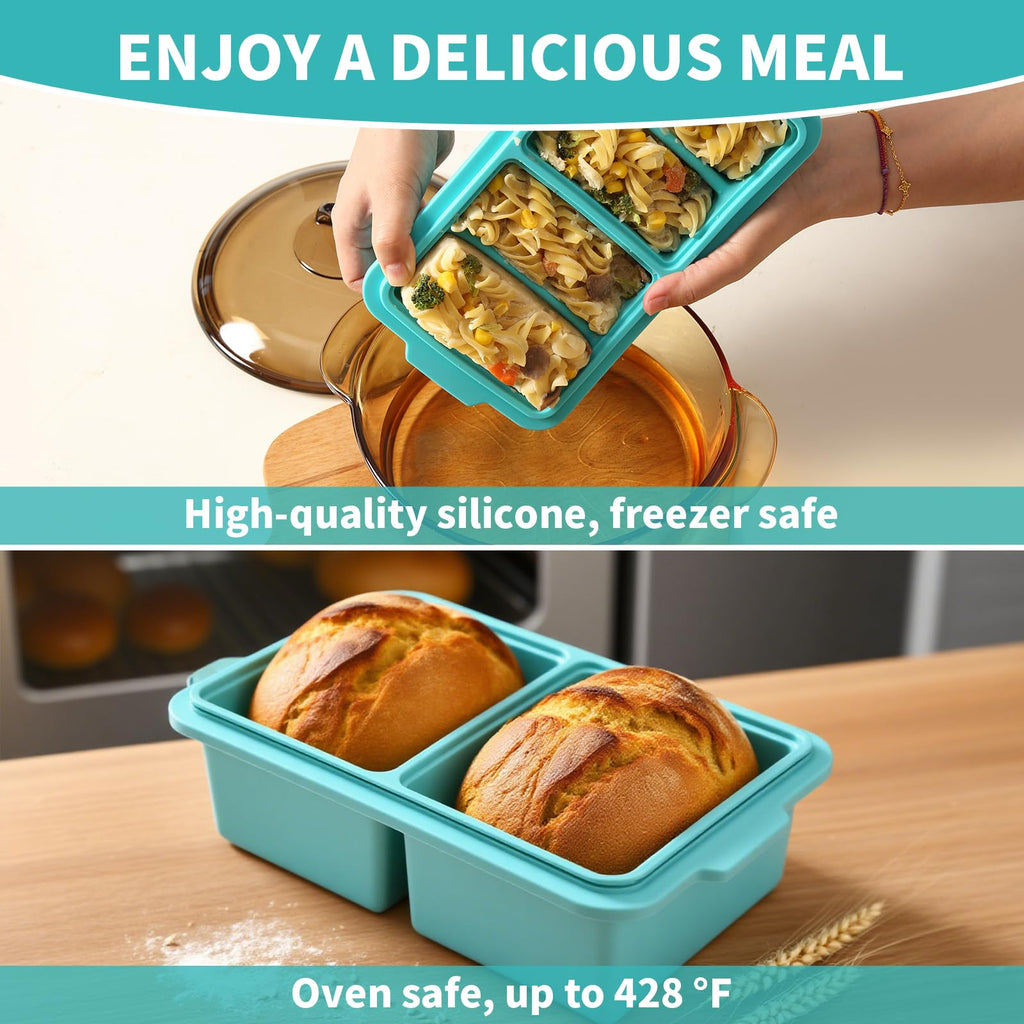 EuChoiz 2 Pack Silicone Freezer Tray Cubes 2 Cup with Date Mark Lids for Freezing Food Leftovers Sauces Portion and Lasagna Broth, Soup Freezer Molds for Meal Prepping Thick Enough