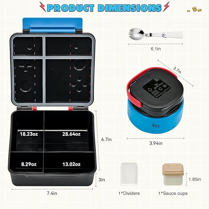 FAJSL Game Bento Box for Kids, Lunch Box with Thermo(9oz Food Jar), Folding Spoon, Removable Divider & Sauce Cup, Lunch Box Kids for School,Travel, BPA-Free & Realistic Shape(Blue-Red)