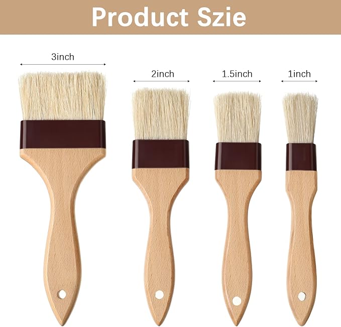 Boao 4 Pcs Pastry Brush, Natural Bristle Basting Brush for Cooking and Baking, BBQ Brushes for Butter, Baster, Oil, Egg, Sauce, Turkey, Grilling, Marinade and Kitchen Food(1, 1.5, 2, 3 Inch)