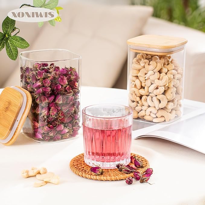 Xoniwis 3-Pack 1.6Qt Square Glass Storage Jars with Bamboo Lids