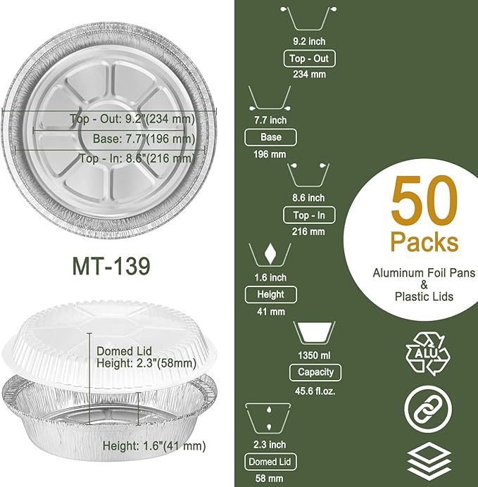 MESTAEK 9 Inch Round Aluminum Foil Pans with Clear Dome Lids, 50 Pack
