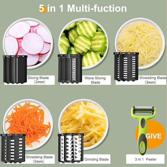 FYONIO Electric Cheese Grater, 5 in 1 Salad Maker with Stainless Steel Blades, 250W Electric Food Slicer & Shredder, Electric Salad Machine for Cheeses, Fruits, Potatoes, Carrots