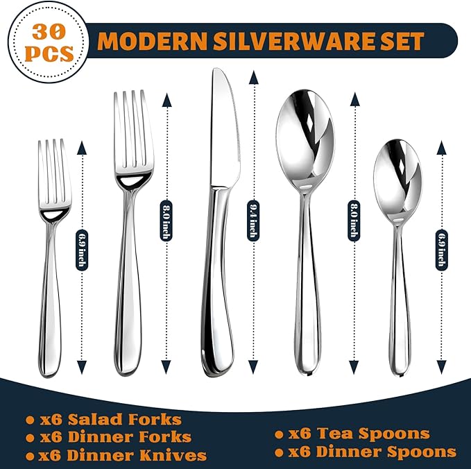 Silverware Set for 6, Heavy Duty Stainless Steel Silverware Set,30 Piece