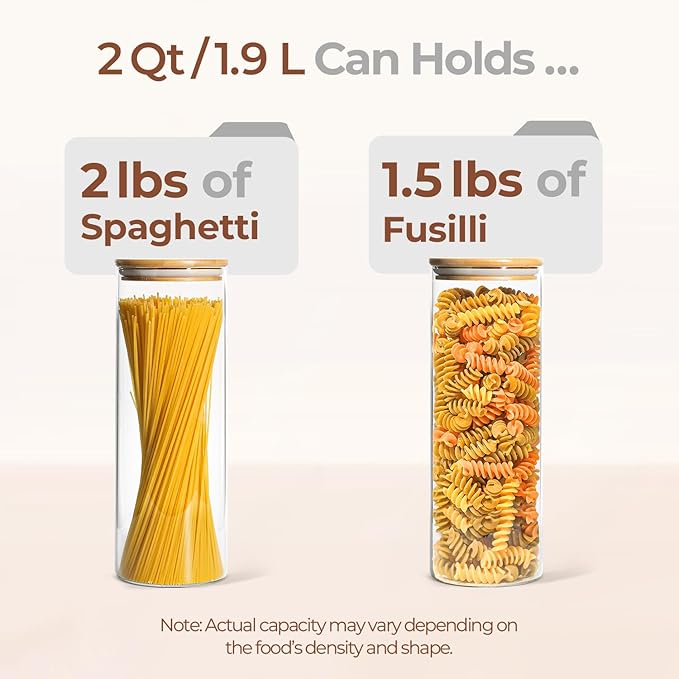 ComSaf Pasta Containers Storage 2 Qt, Spaghetti Container, 3 Pack Glass Jar