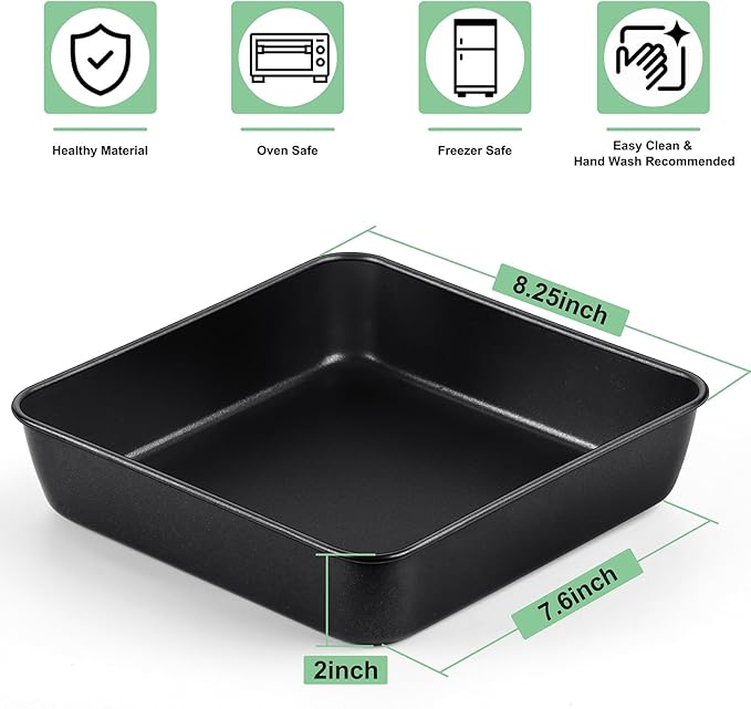 TeamFar Square Cake Pan, 2PCS 8 Inch Coated Square Cake Brownie Lasagna Pan