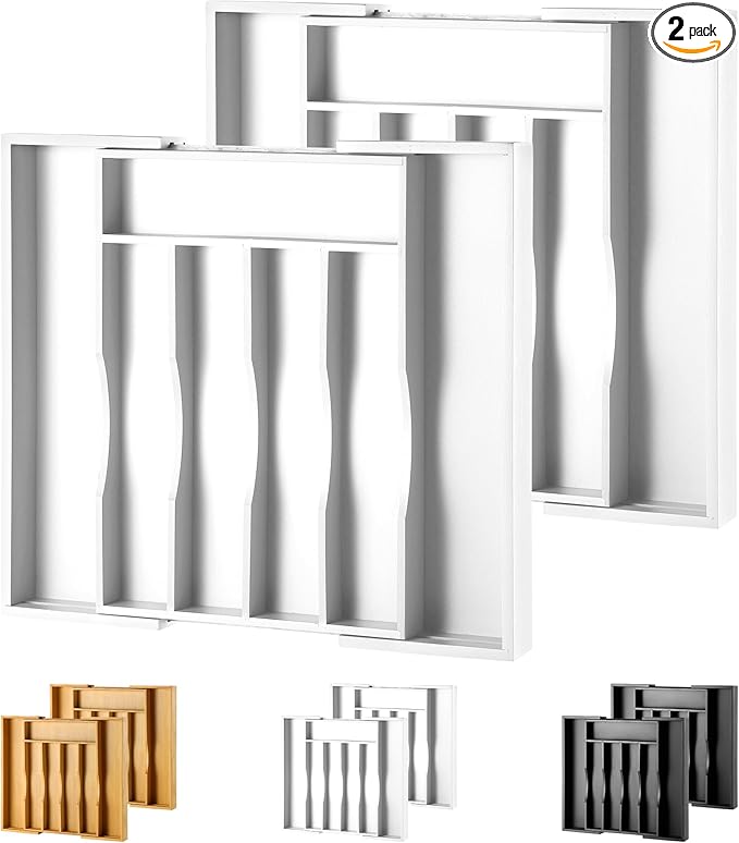 oridom 2-Piece Expandable Bamboo Kitchen Drawer Organizer for Cutlery and Utensils, Adjustable Bamboo Wood Cutlery Tray in Drawer for Flatware and Silverware in Kitchen, (White)