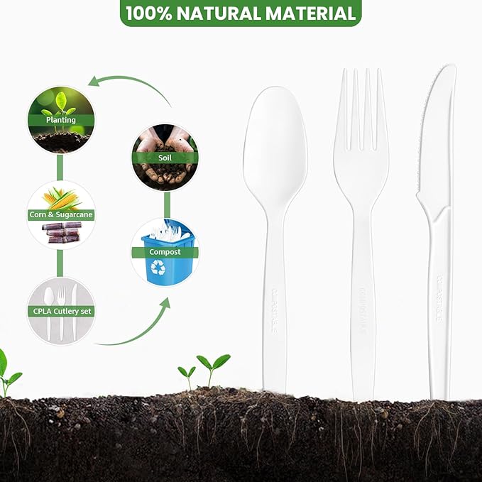 Biocean Extra Heavyduty Compostable Cutlery Set - 190 Count Large Disposable Utensils No Plastic Forks Spoons Knives Biodegradable Fork Eco Friendly Silverware for Party,BBQ,Daily Use,Events,Picnic