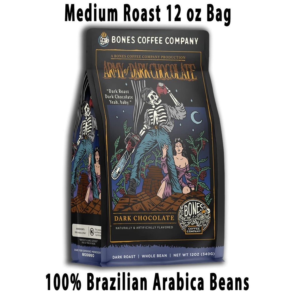 Bones Coffee Company Army of the Dark Chocolate Flavored Coffee, Medium Roast Low Acid Arabica Beans Compatible with Auto drip and French Press Coffee Maker, 12 Oz Ground