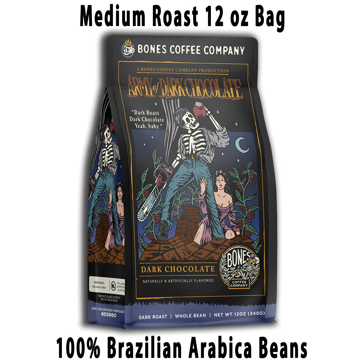 Bones Coffee Company Army of the Dark Chocolate Flavored Coffee, Medium Roast Low Acid Arabica Beans Compatible with Auto drip and French Press Coffee Maker, 12 Oz Ground