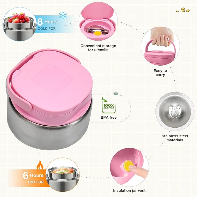 FAJSL Game Bento Box for Kids, Lunch Box with Thermo(9oz Food Jar), Folding Spoon, Removable Divider & Sauce Cup, Lunch Box Kids for School,Travel, BPA-Free & Realistic Shape (Pink)