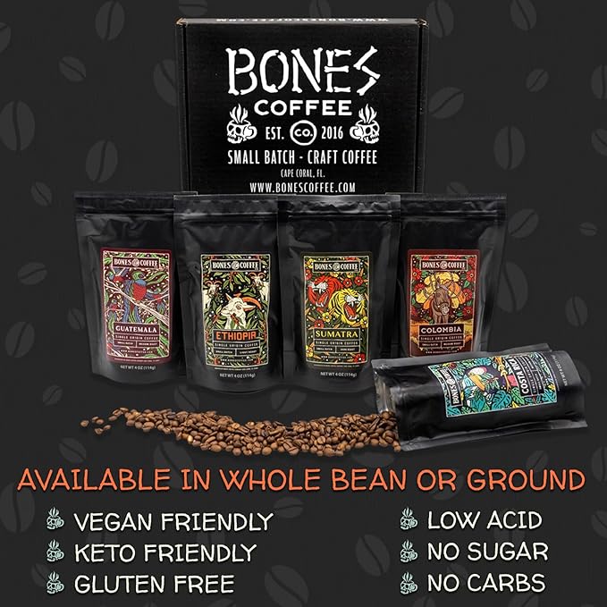 Bones Coffee Company NEW World Tour Sample Pack, Single-Origin Flavored Coffee Low Acid Medium Roast Arabica Beans Specialty Coffee Gifts Compatible Auto Drip and French Press, 4 oz Pack of 5 Ground