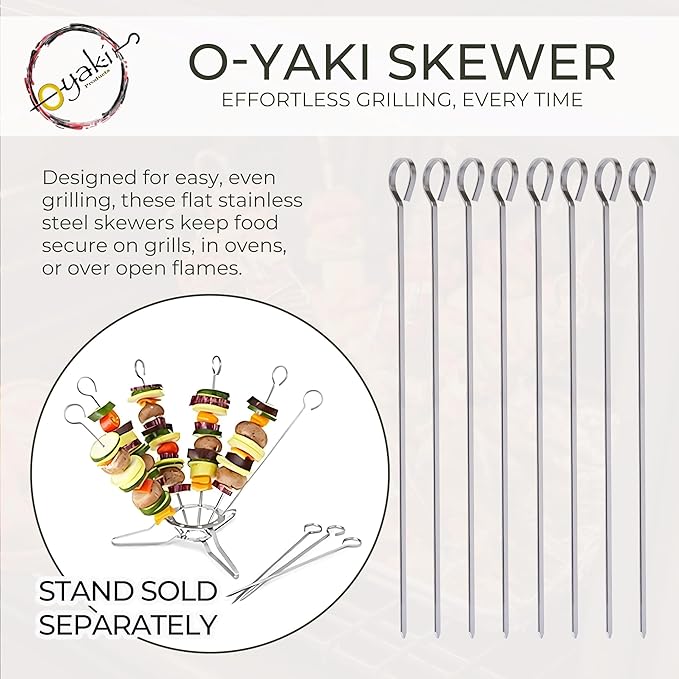 O-Yaki Flat Metal Kabob Skewer for Grilling Set of 8 BBQ Skewers Stainless Steel with Storage Bag, Dishwasher Safe with Hook Handle & Sharp Tip for BBQ, Cookouts & Oven Use 12 Inch