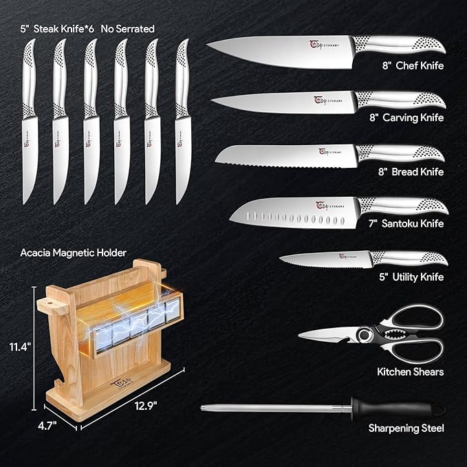 SYOKAMI Japanese Knives Set for Kitchen, Magnetic Knife Set with Block and Sharpener, Stainless Steel Knife Set as Gift for Couple, Wedding, Women or Mom with Gift Box, 14 PCS Black Dot