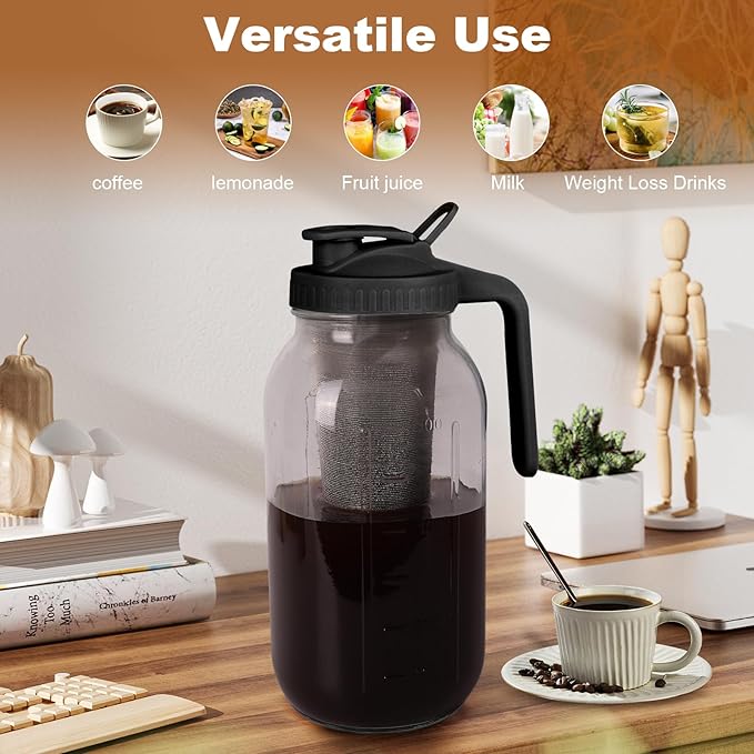 QHH Cold Brew Coffee Maker, 64 oz Mason Jar Pitcher with Stainless Steel Filter, Pour Spout Handle Lid, Airtight & Leak-Proof for Iced Coffee,Tea & Lemonade