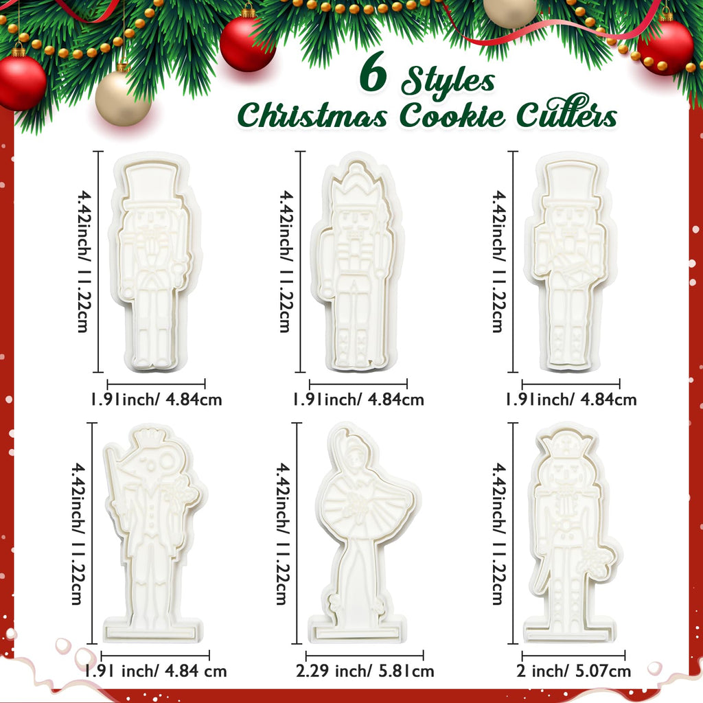 Flycalf Christmas Cookie Cutters Nutcracker Shapes with 3D Stamper Fall Holiday PLA Baking Accessories Cutter Molds Gifts for Kids Decorative Party 3.5" Kitchen Cake Supplies