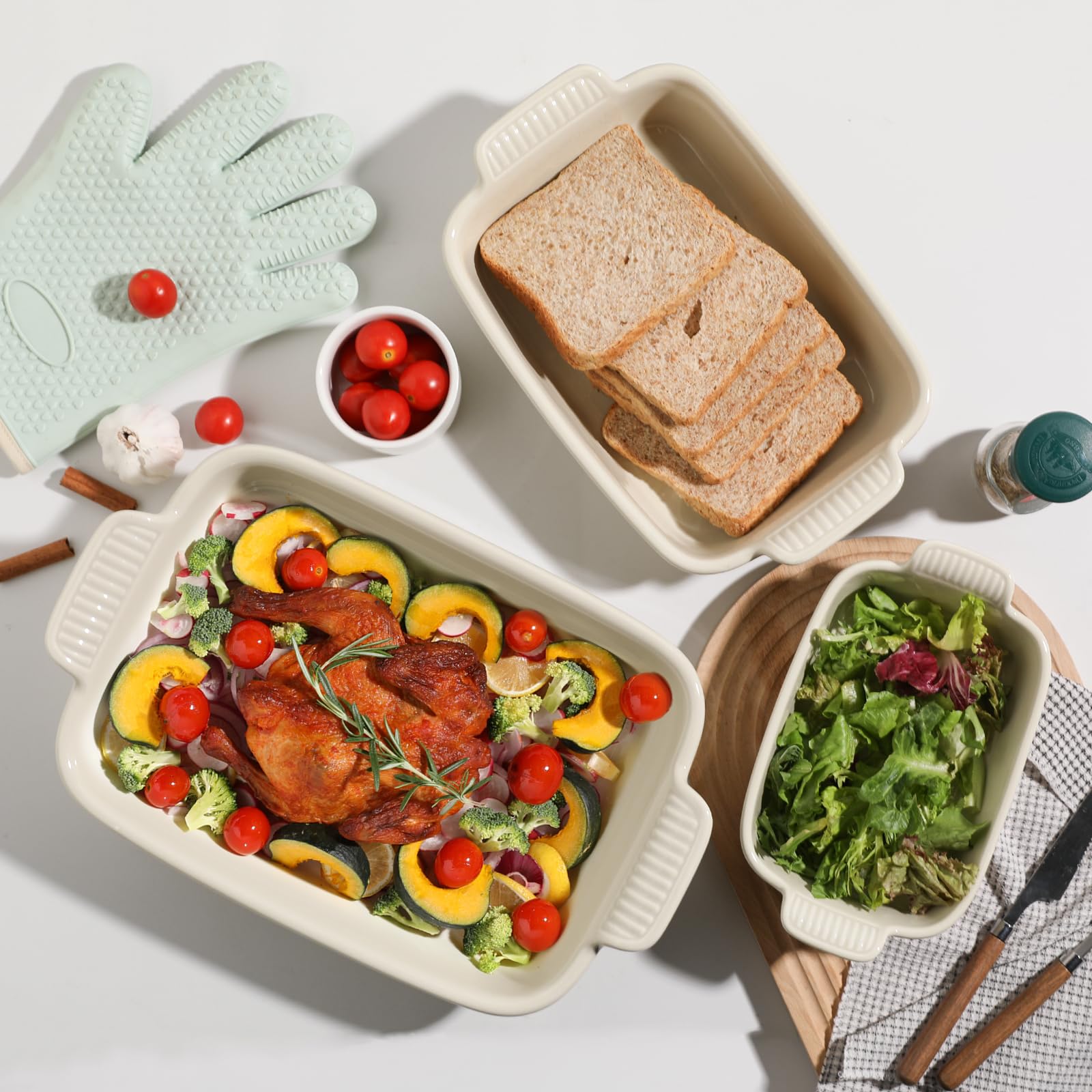Sweejar Baking Pans Set, Ceramic 9x13 Baking Dish with Handle, Rectangular Casserole Dishes for Oven, Bakeware Sets of 3, Durable Lasagna Pan Deep for Kitchen, Banquet, Wedding Gift(Beige)