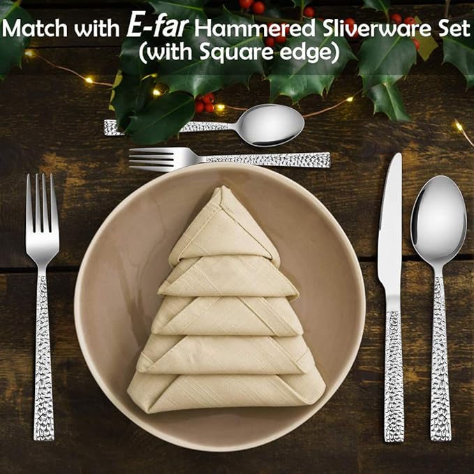E-far Teaspoon Set of 12, 6.7 Inch Hammered Stainless Steel Spoons for Kitchen or Restaurant, Non-toxic & Mirror Polished, Squared Edge & Dishwasher Safe