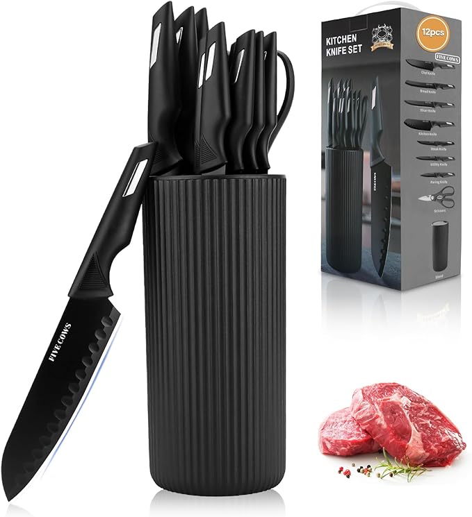 FIVE COWS Premium 12-Piece Kitchen Knives Set with Universal Knife Block