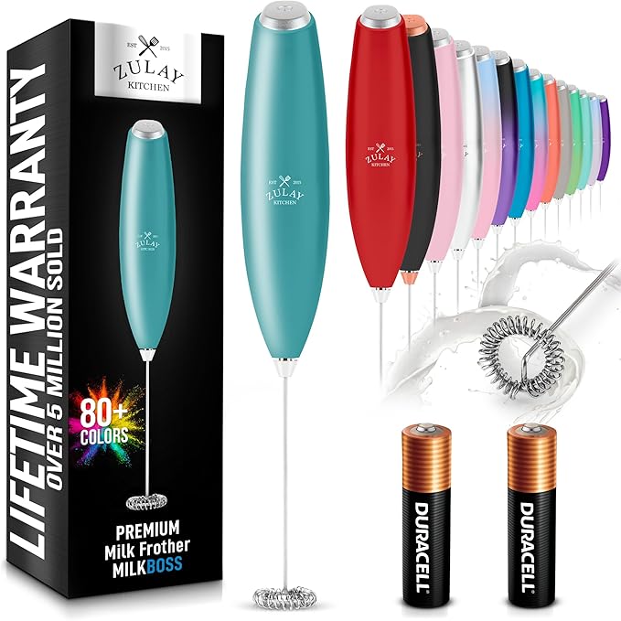 Zulay Powerful Milk Frother for Coffee with Upgraded Titanium Motor - Handheld Electric Whisk, Milk Foamer, Mini Mixer & Coffee Blender for Frappe, Latte, Matcha, No Stand - Pacific Aqua