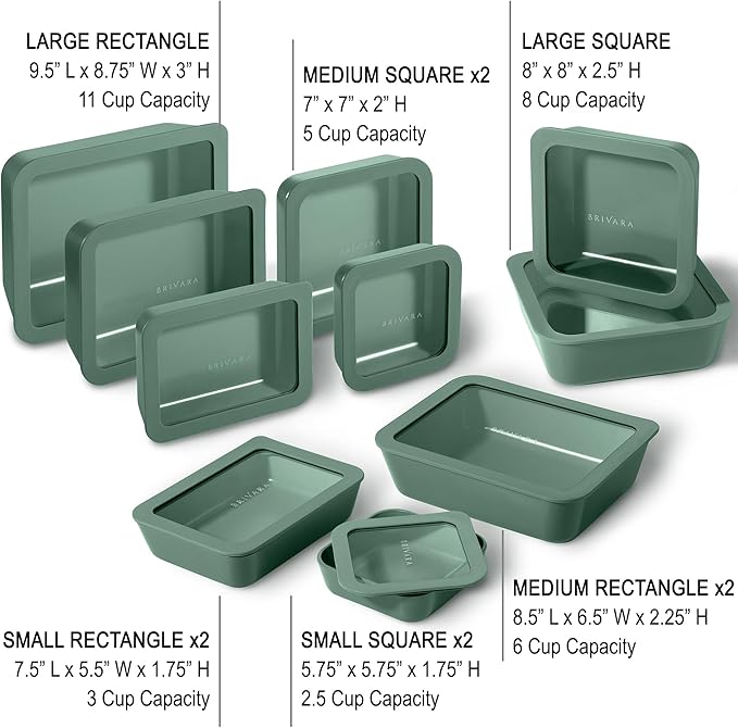 BRIVARA HOME 20-Piece Glass Food Storage Containers Set with Lids (10 Containers + 10 Lids) | Microwave-Safe Airtight Seal, Oven-Safe Ceramic-Coated Glass | Zero Plastic, No PFAS/PFOA/BPA [Pine]