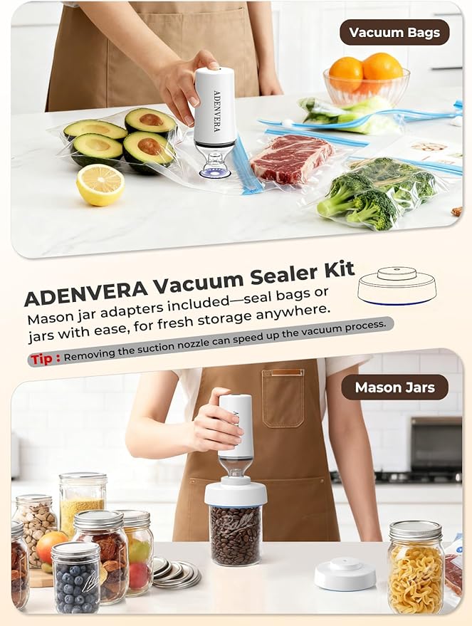 ADENVERA Compact Vacuum Sealer for Food — Electric Mason Jar Vacuum Sealer Kit & Handheld Sealer with 10 Reusable Bags & 10 Mason Jar Lids, Portable Rechargeable, Smart Auto-Stop, White