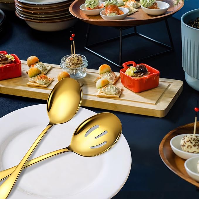 Keyoxy Stainless Steel Serving Spoons Set, 8pc, 10-Inch, Includes 4 Large, 4 Slotted, for Parties/Kitchen/Buffet/Catering, Dishwasher Safe, Gold