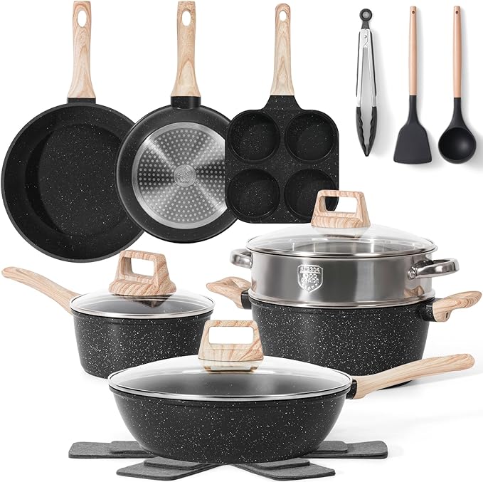 SODAY Pots and Pans Set Non Stick, 17Pcs Black Granite Induction Cookware