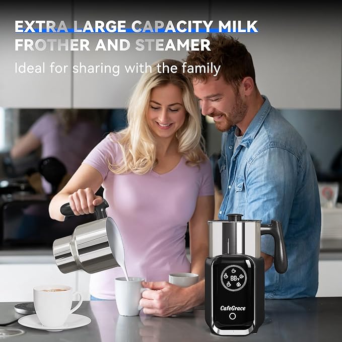CafeGrace 5-in-1 Milk Frother and Steamer, 21 oz Split Milk Frother, Removable Automatic Electric Milk Frother Dishwasher Safe, for Latte, Cappuccino, Hot and Cold Milk Froth, Chocolate Milk