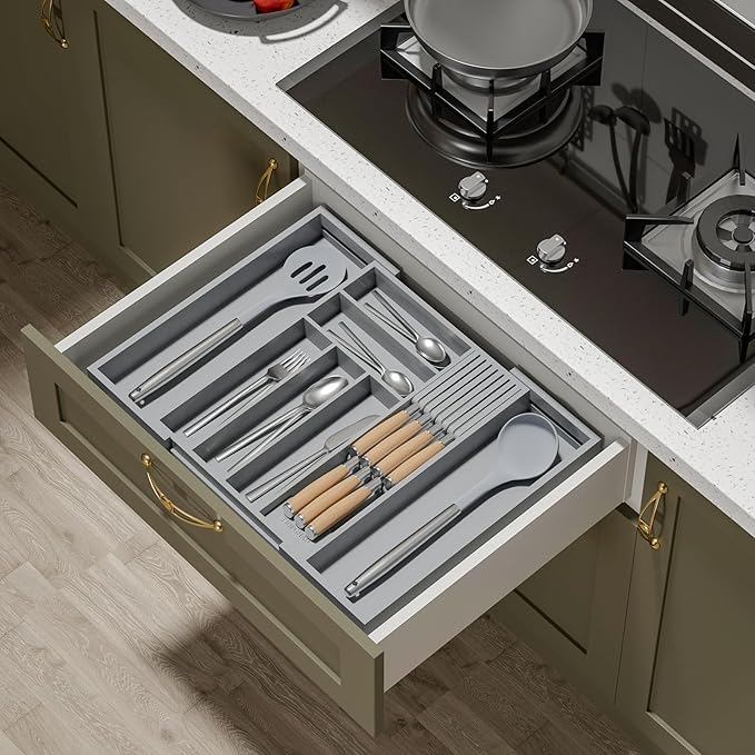 TIOPGHAD Expandable Bamboo Silverware Drawer Organizer Kitchen Tray, Grey