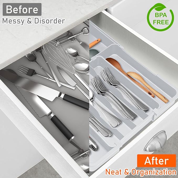 Spaclear Silverware Drawer Organizer Tray, Adjustable Cutlery Storage for Kitchen, Expandable Flatware and Utensil Holder Divider for Spoons Forks Knives Tableware, 15 x 19, 4-7 Slots, Gray
