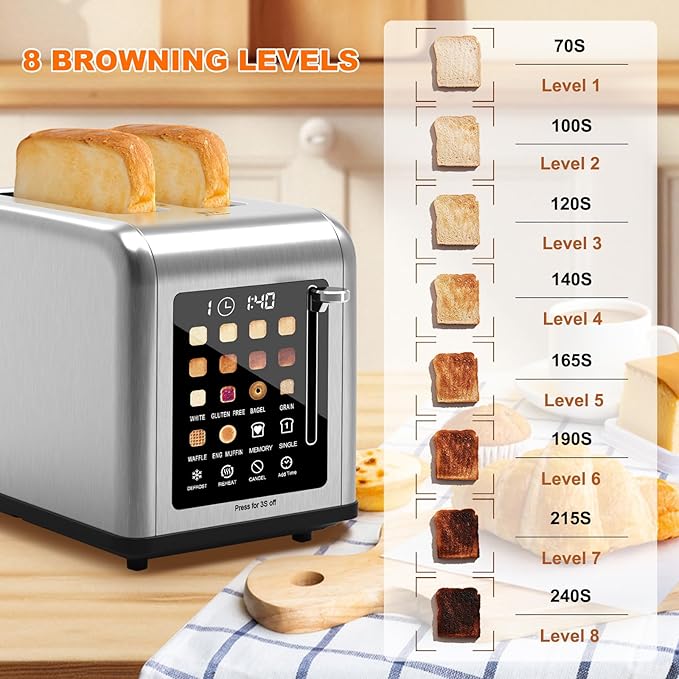 2 Slice Toaster Touch Screen, Stainless Steel Toasters Digital Timer 2 Slot Toasters, 8 Shade Settings 6 Bread Types for Bagel, Cancel, Defrost（Silver）