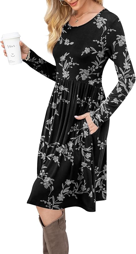 DB MOON Women Casual Long Sleeve Dresses Empire Waist Loose Dress with Pockets (White Flower Black, L)