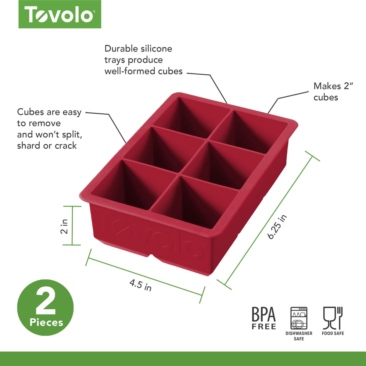Tovolo Large 2” King Cube Ice Tray Cayenne Red Ice Cube Trays for Whiskey Cocktails Smoothies, Big Square Ice Cube Mold Silicone Freezer Tray for Perfect Rock Cubes BPA Free Dishwasher Safe