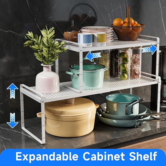 KIKIBRO Expandable Kitchen Shelf Organizers, Kitchen Cabinet Organizer Stand Rack Organization for Countertop Cupborad Pantry, White 2 Pack