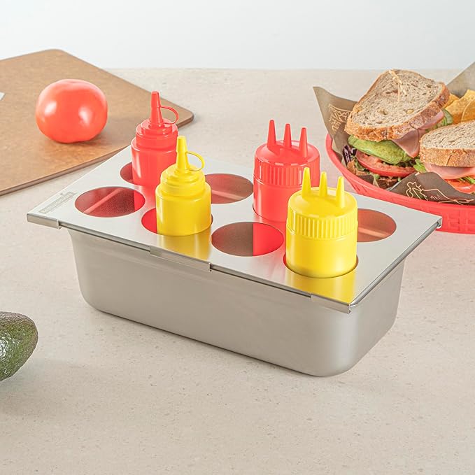Restaurantware Squeeze Bottle Organizer - 1 Count - 12.795 x 7.087 x 0.394 Inches Stainless Steel Condiment Holder - Pan-Compatible Bottle Holder - Silver