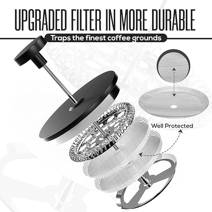 Coffito French Press Coffee Maker,Stainless Steel Double Wall Insulated Coffee Press 34 oz,4-8 Cups, Portable Hot Cold Brew Teapot Cafetera for Coffee Bar Accessories Kitchen Camping (Black,34oz)