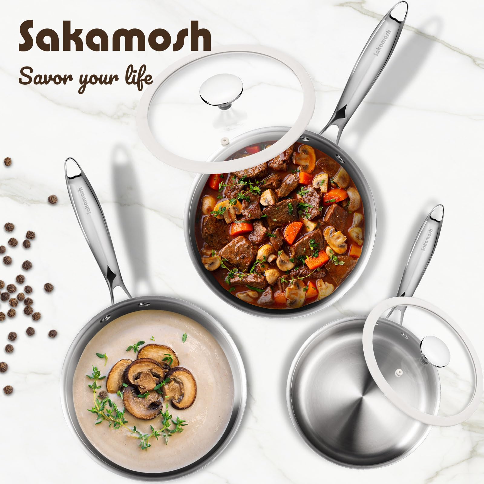 SAKAMOSH 2.5qt Tri-Ply Stainless Steel Saucepan & Lid, Induction Safe